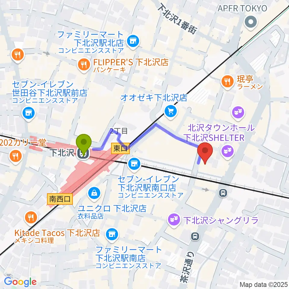 下北沢ろくでもない夜の最寄駅下北沢駅からの徒歩ルート（約3分）地図