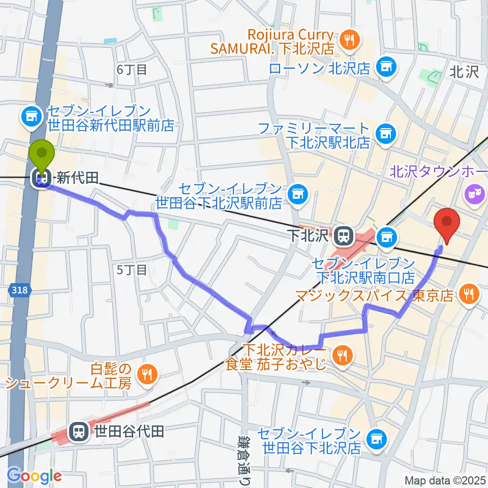 新代田駅から下北沢ろくでもない夜へのルートマップ地図