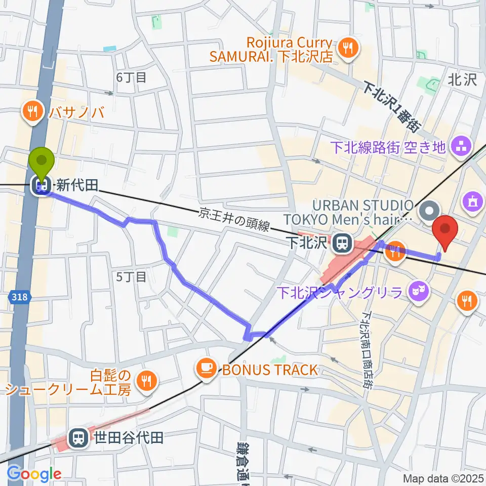 新代田駅から下北沢ろくでもない夜へのルートマップ地図