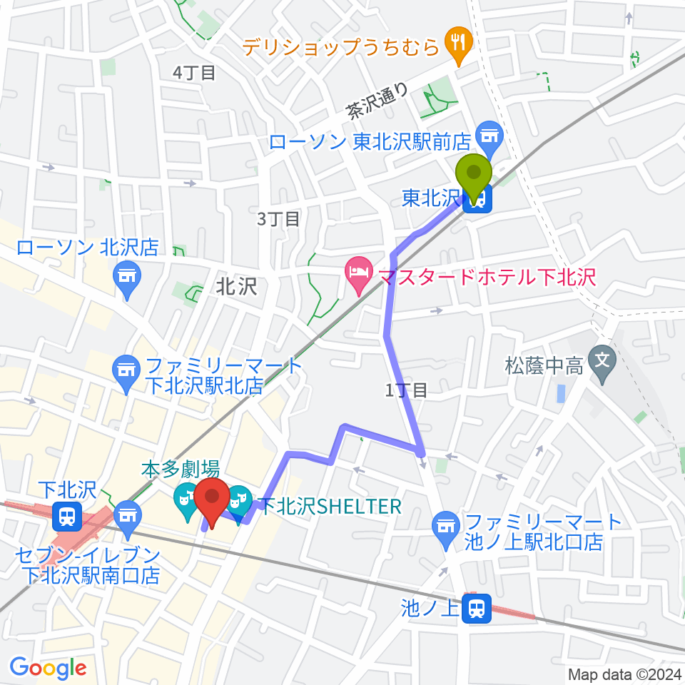 東北沢駅から下北沢ろくでもない夜へのルートマップ地図
