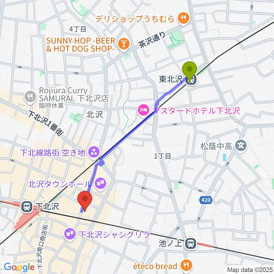 東北沢駅から下北沢ろくでもない夜へのルートマップ地図