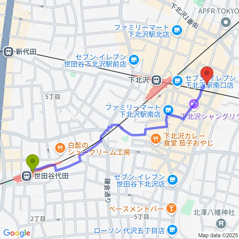 世田谷代田駅から下北沢ろくでもない夜へのルートマップ地図