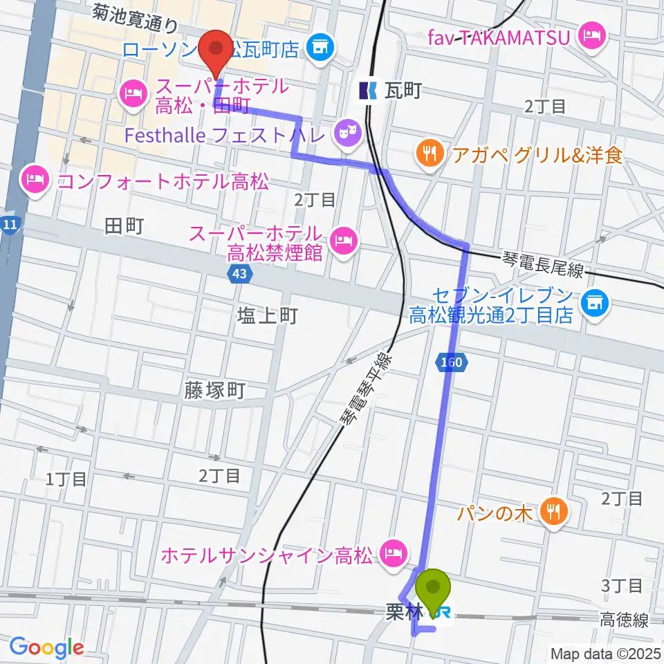 栗林駅からヒッツギターズ＆ミュージックへのルートマップ地図