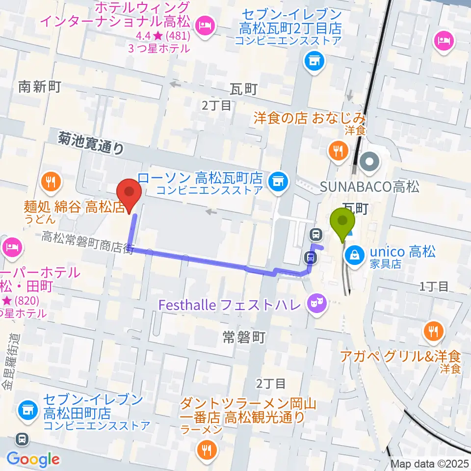 ヒッツギターズ＆ミュージックの最寄駅瓦町駅からの徒歩ルート（約4分）地図