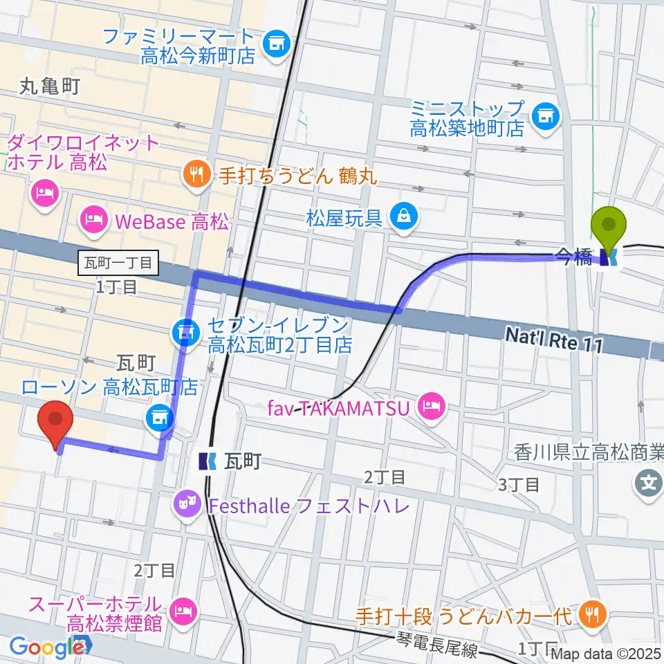 今橋駅からヒッツギターズ＆ミュージックへのルートマップ地図