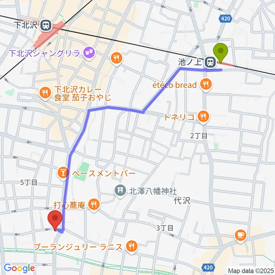 池ノ上駅からスクランブルズ代沢スタジオへのルートマップ地図