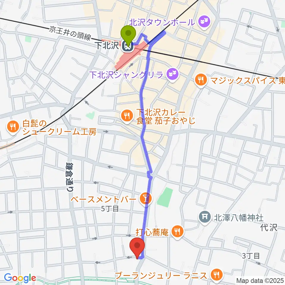 下北沢駅からスクランブルズ代沢スタジオへのルートマップ地図