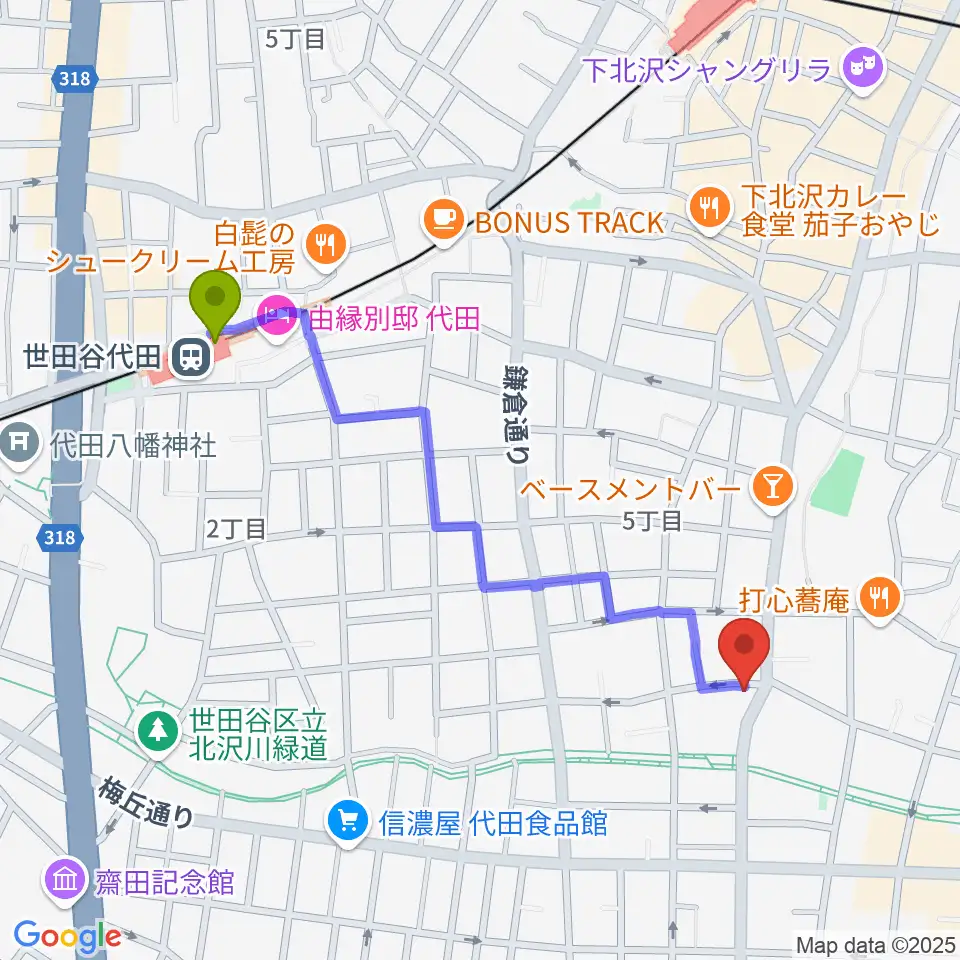 スクランブルズ代沢スタジオの最寄駅世田谷代田駅からの徒歩ルート（約10分）地図