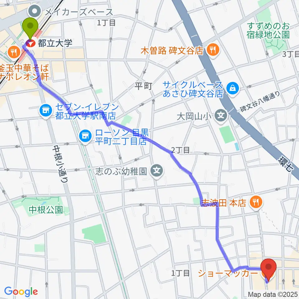 都立大学駅からスクランブルスタジオ大岡山へのルートマップ地図