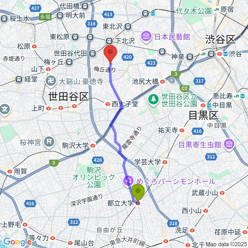 都立大学駅からスクランブルズ代沢スタジオへのルートマップ地図