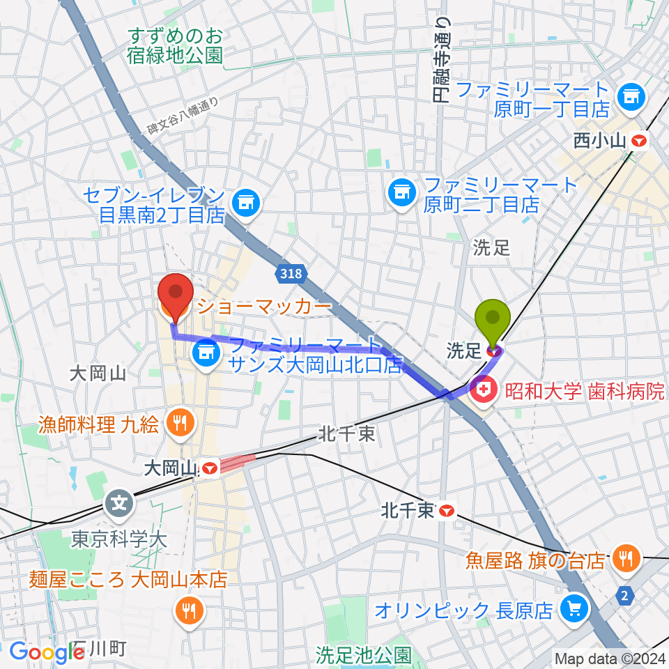 洗足駅からスクランブルスタジオ大岡山へのルートマップ地図