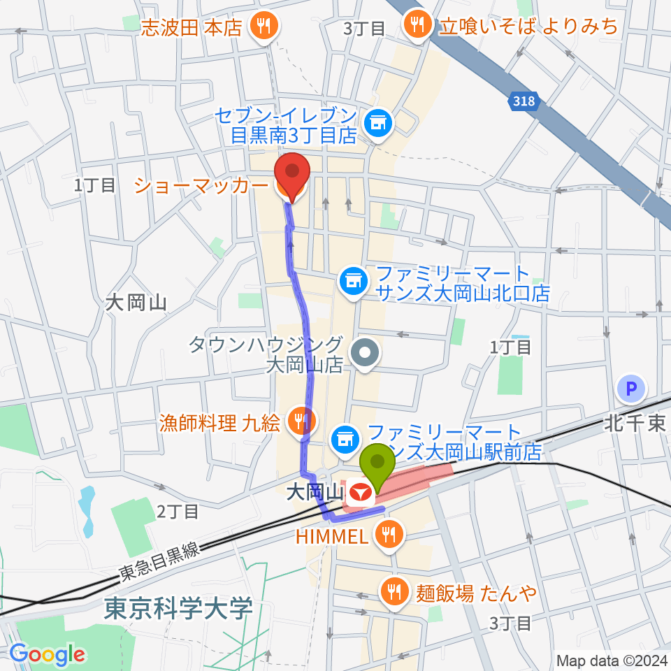 スクランブルスタジオ大岡山の最寄駅大岡山駅からの徒歩ルート（約7分）地図