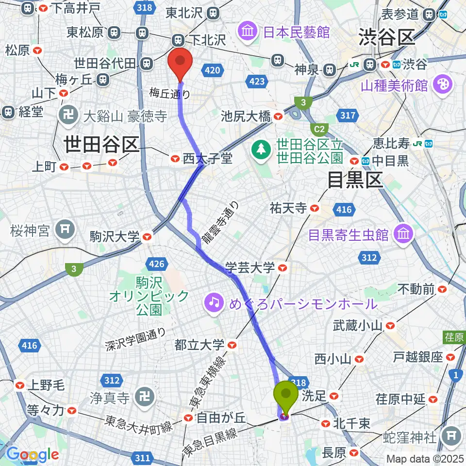 大岡山駅からスクランブルズ代沢スタジオへのルートマップ地図