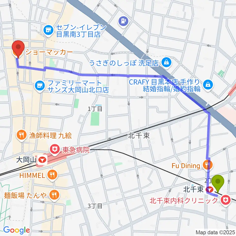 北千束駅からスクランブルスタジオ大岡山へのルートマップ地図
