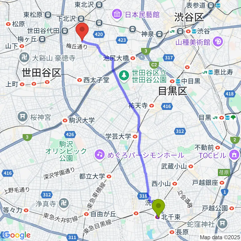 北千束駅からスクランブルズ代沢スタジオへのルートマップ地図