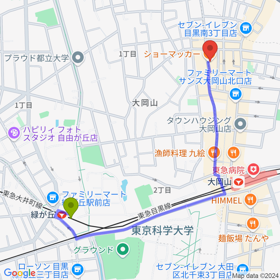 緑が丘駅からスクランブルスタジオ大岡山へのルートマップ地図