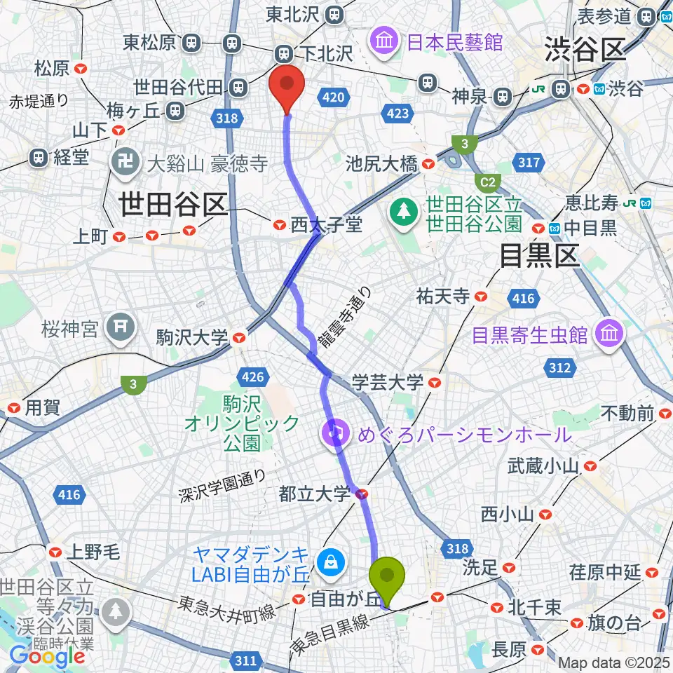 緑が丘駅からスクランブルズ代沢スタジオへのルートマップ地図