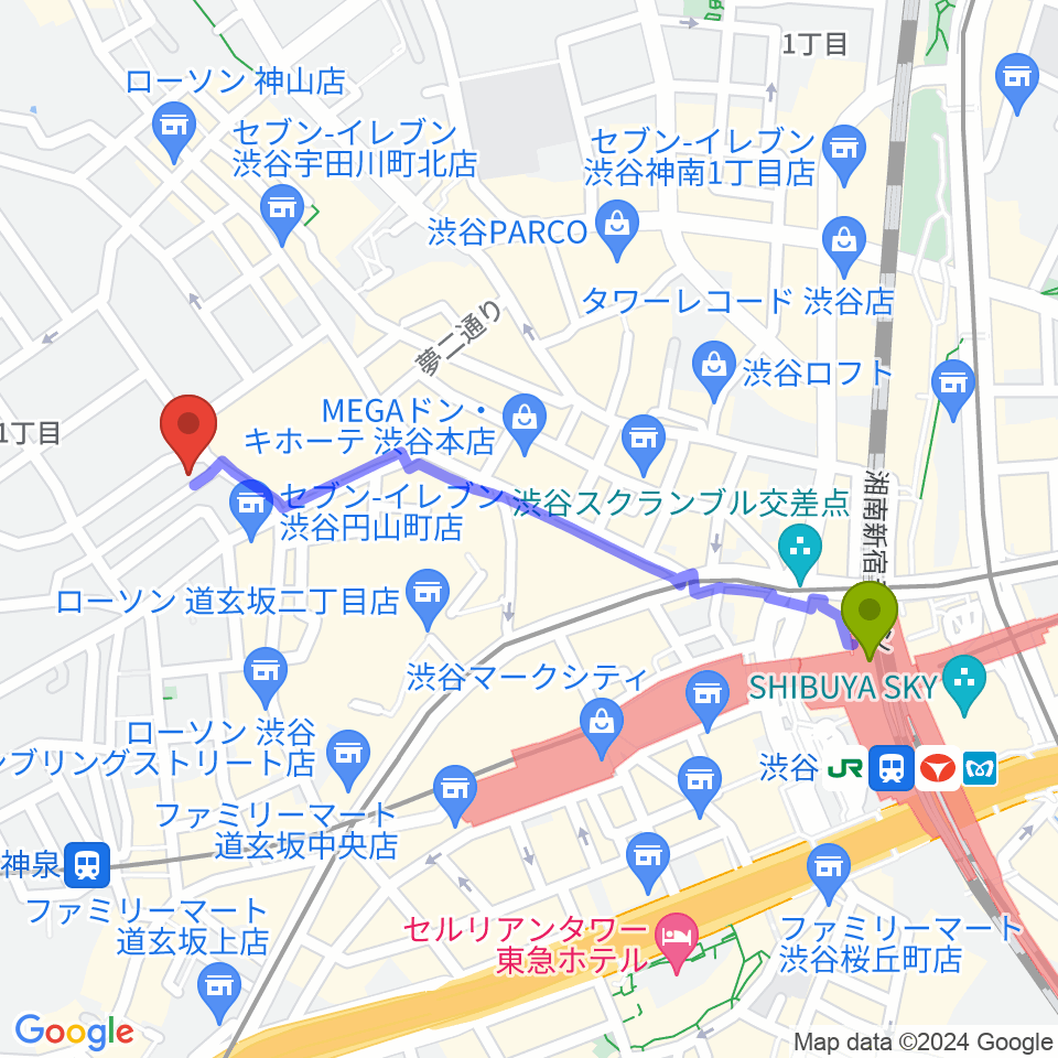 渋谷駅からチェレステ・スタジオ松濤へのルートマップ地図