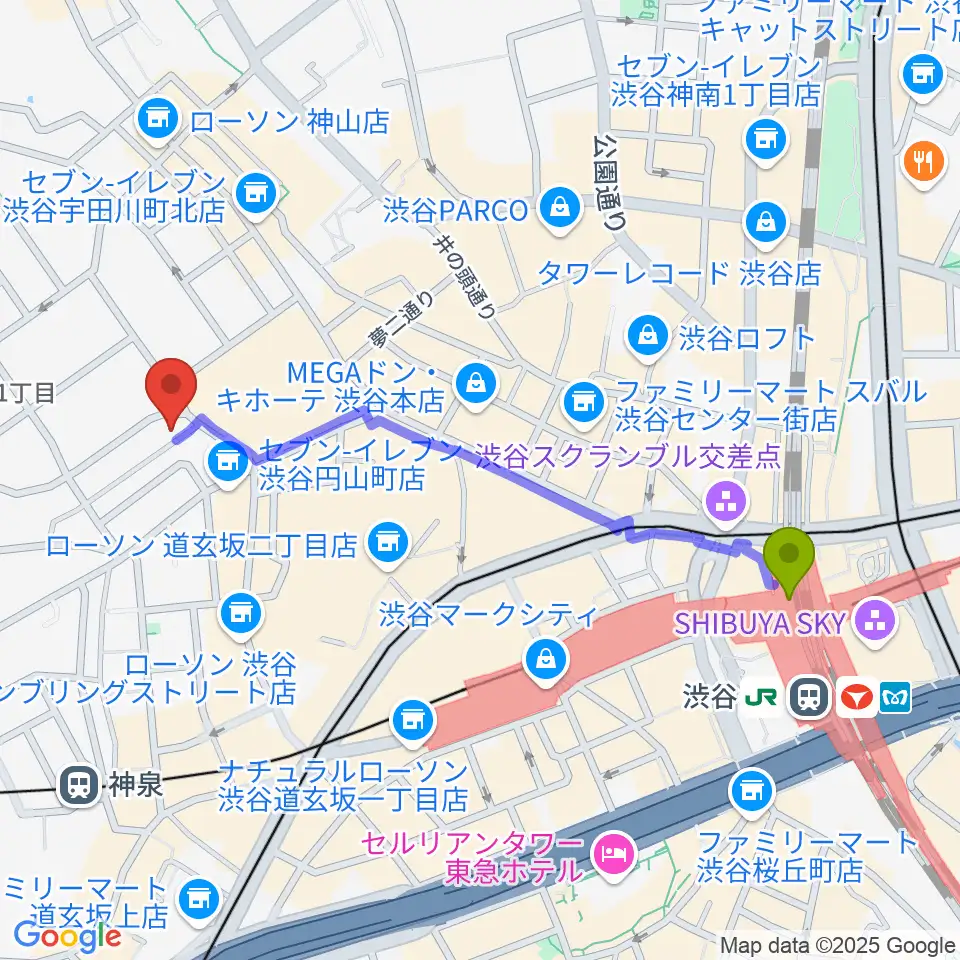 渋谷駅からチェレステ・スタジオ松濤へのルートマップ地図