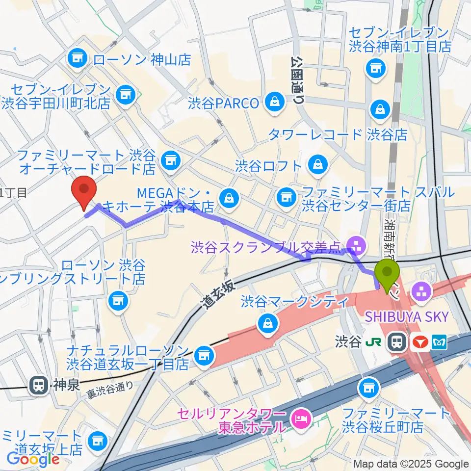 渋谷駅からチェレステ・スタジオ松濤へのルートマップ地図