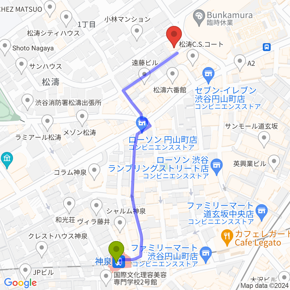 チェレステ・スタジオ松濤の最寄駅神泉駅からの徒歩ルート（約6分）地図