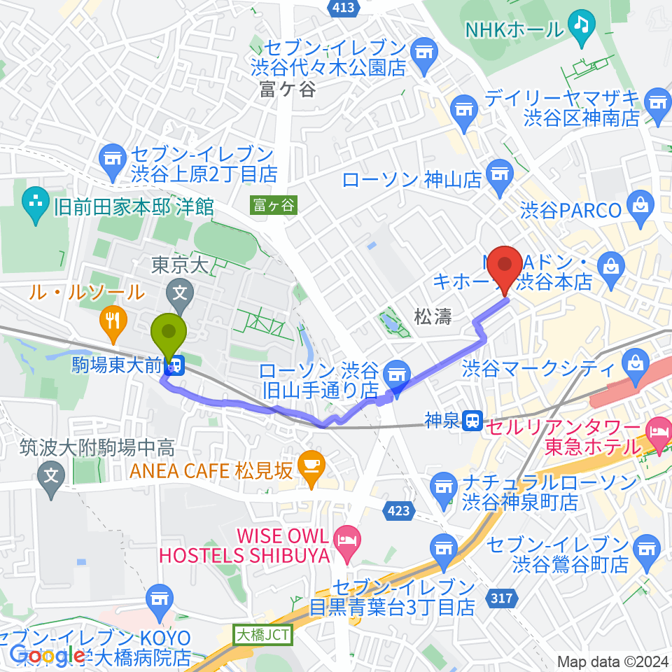 駒場東大前駅からチェレステ・スタジオ松濤へのルートマップ地図