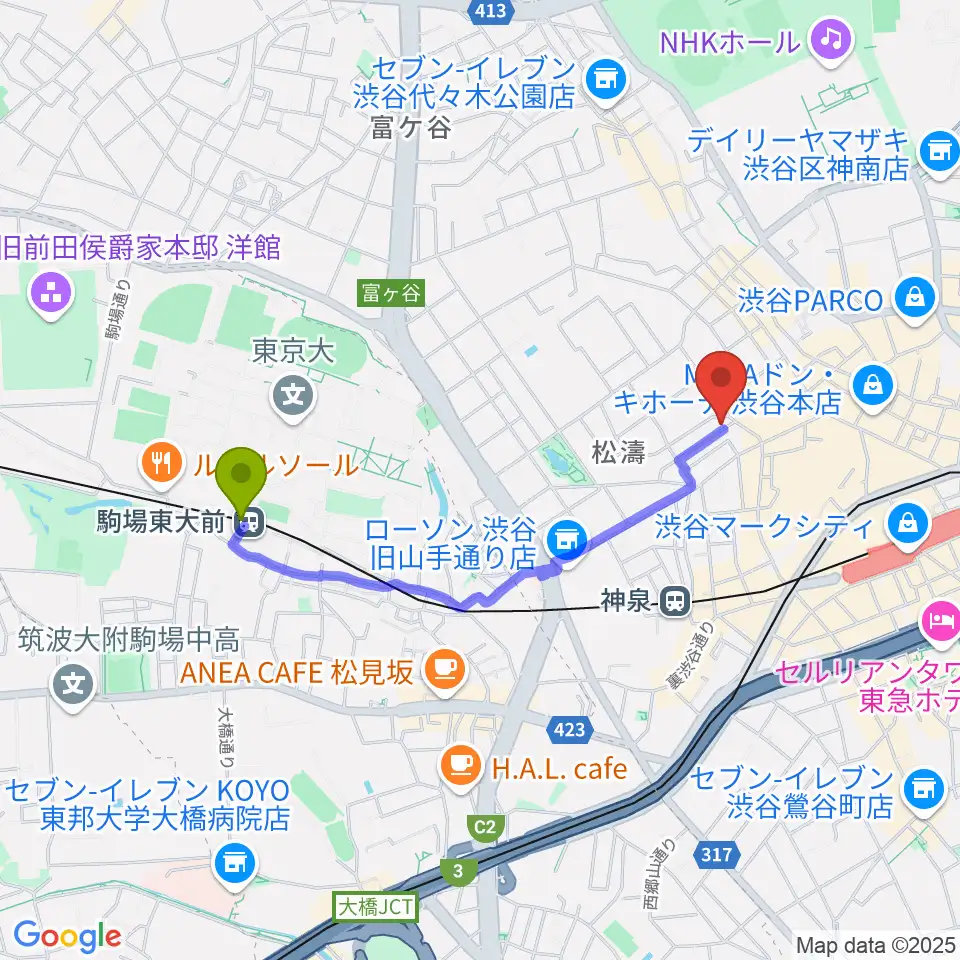 駒場東大前駅からチェレステ・スタジオ松濤へのルートマップ地図