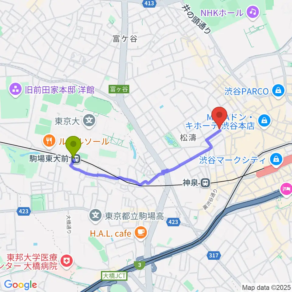 駒場東大前駅からチェレステ・スタジオ松濤へのルートマップ地図