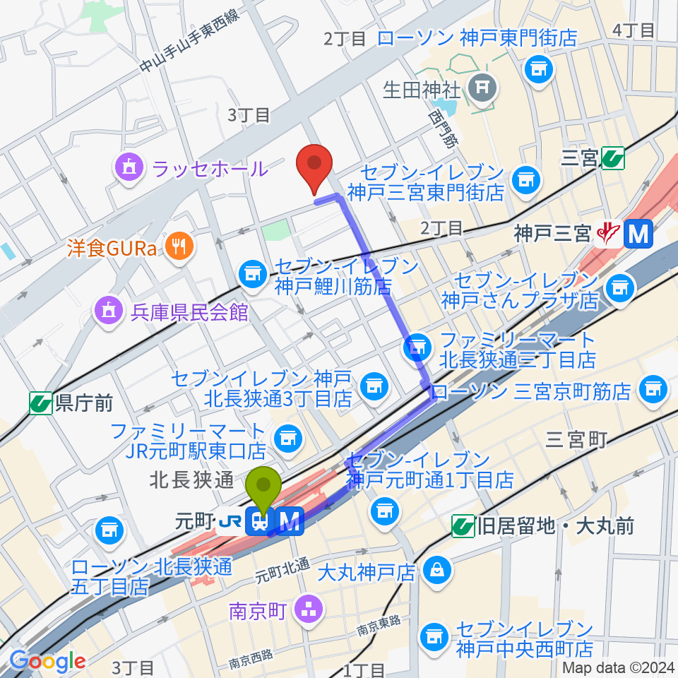 神戸三宮スタジオキキの最寄駅元町駅からの徒歩ルート（約8分）地図