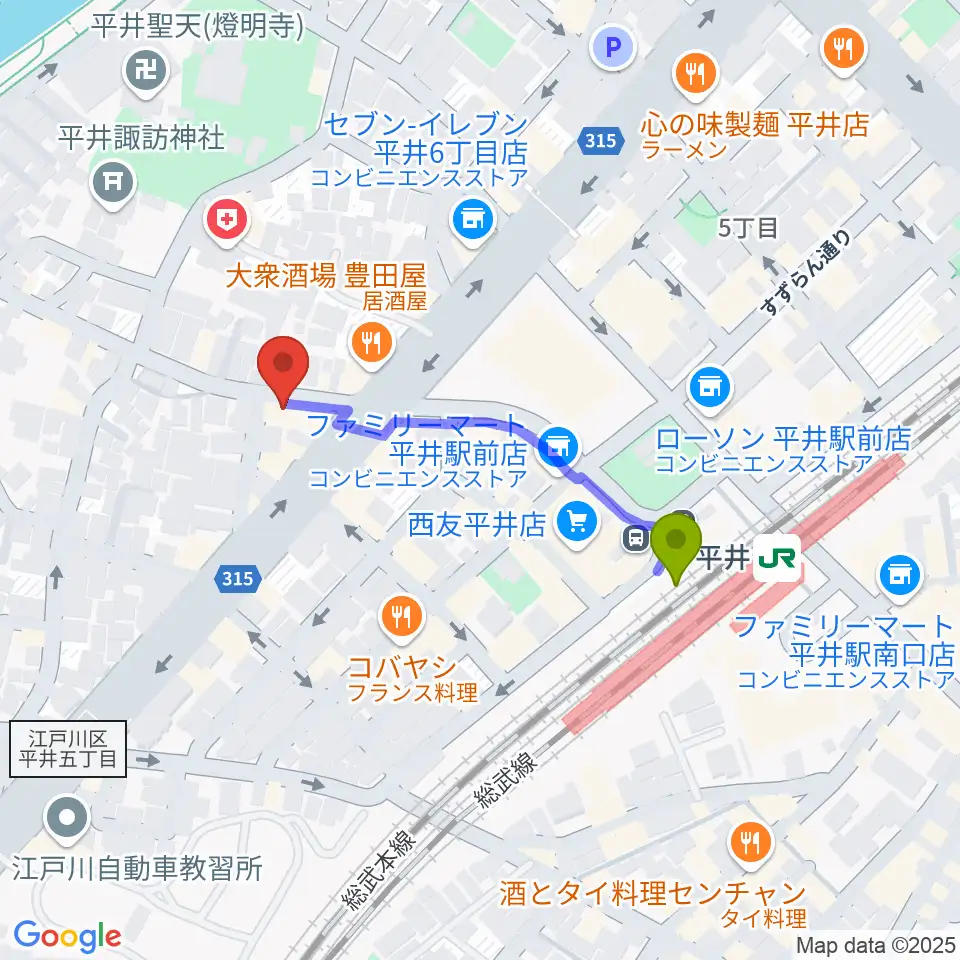 サウンド・プラグの最寄駅平井駅からの徒歩ルート（約3分）地図