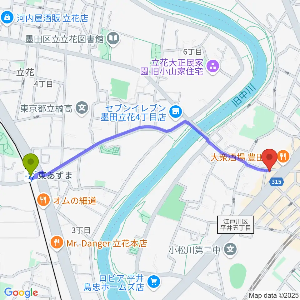 東あずま駅からサウンド・プラグへのルートマップ地図