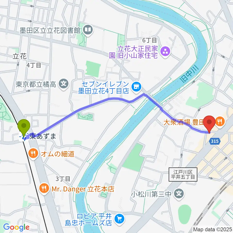 東あずま駅からサウンド・プラグへのルートマップ地図
