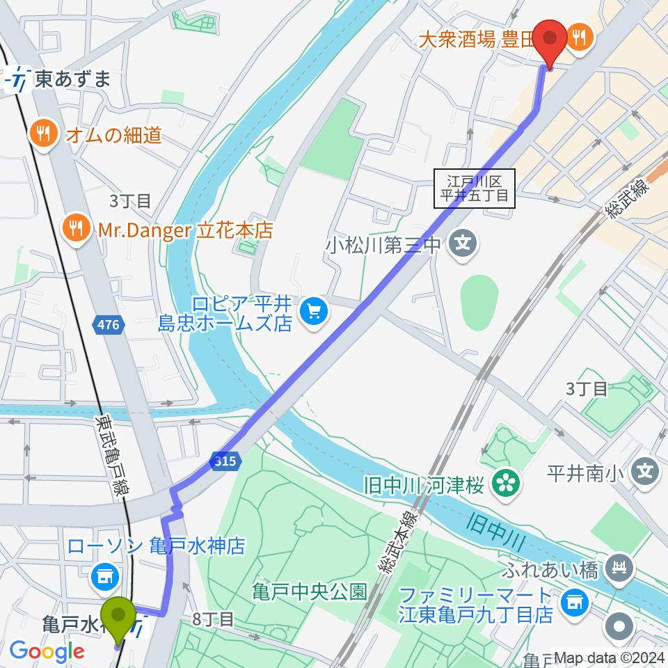 亀戸水神駅からサウンド・プラグへのルートマップ地図