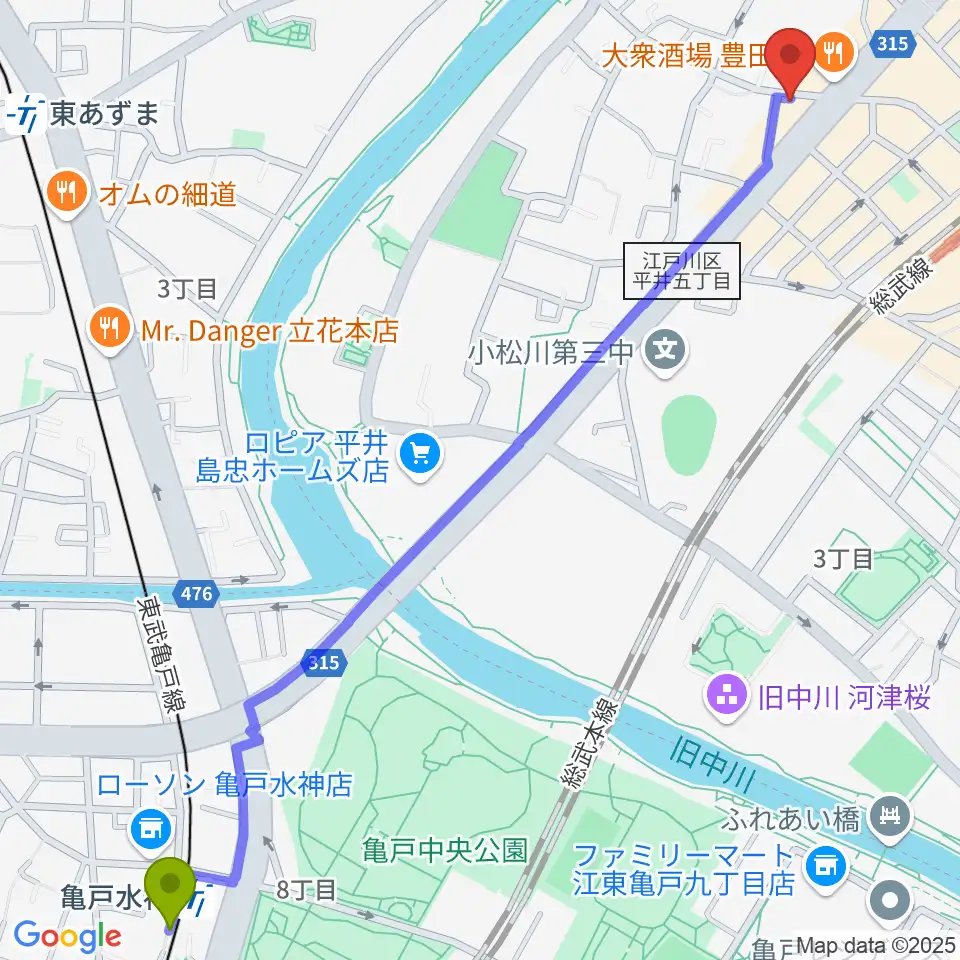 亀戸水神駅からサウンド・プラグへのルートマップ地図