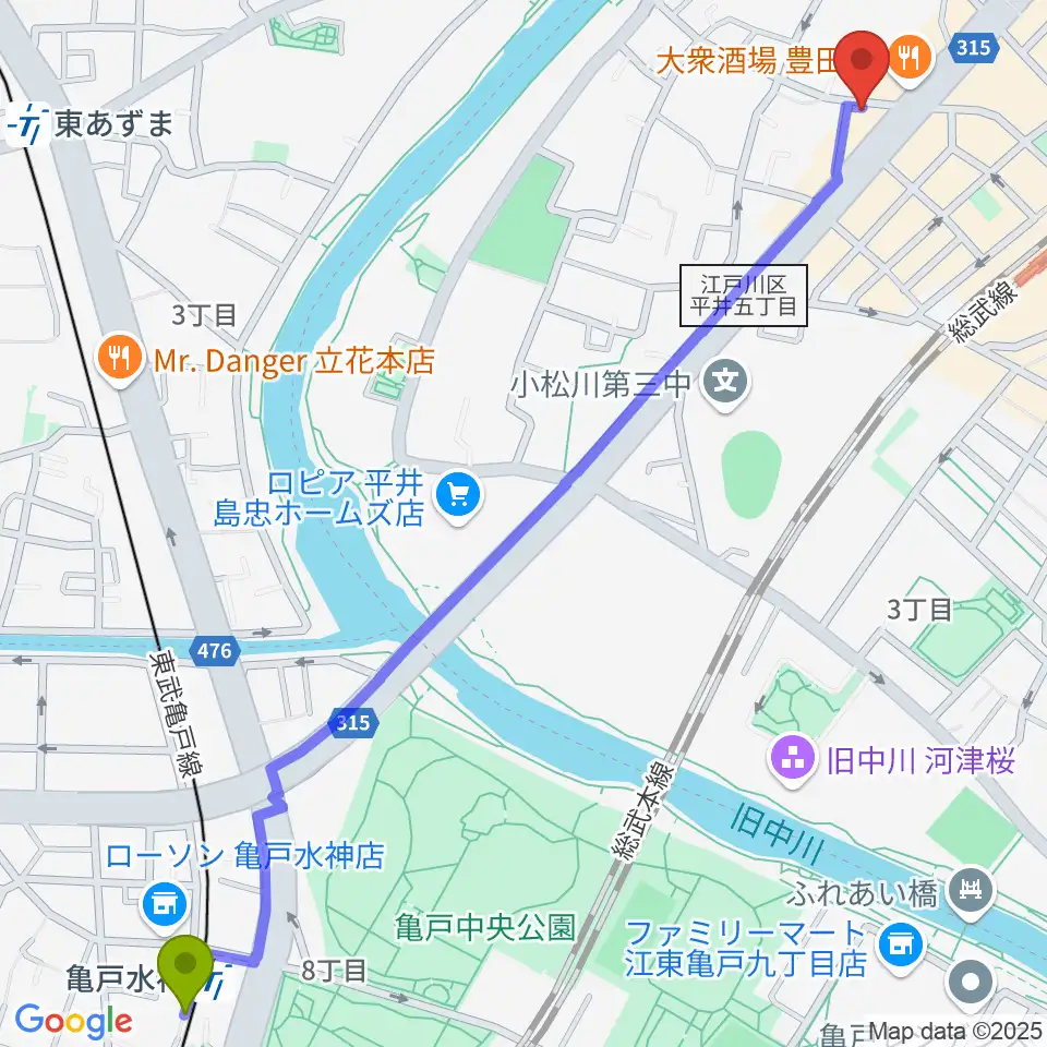亀戸水神駅からサウンド・プラグへのルートマップ地図