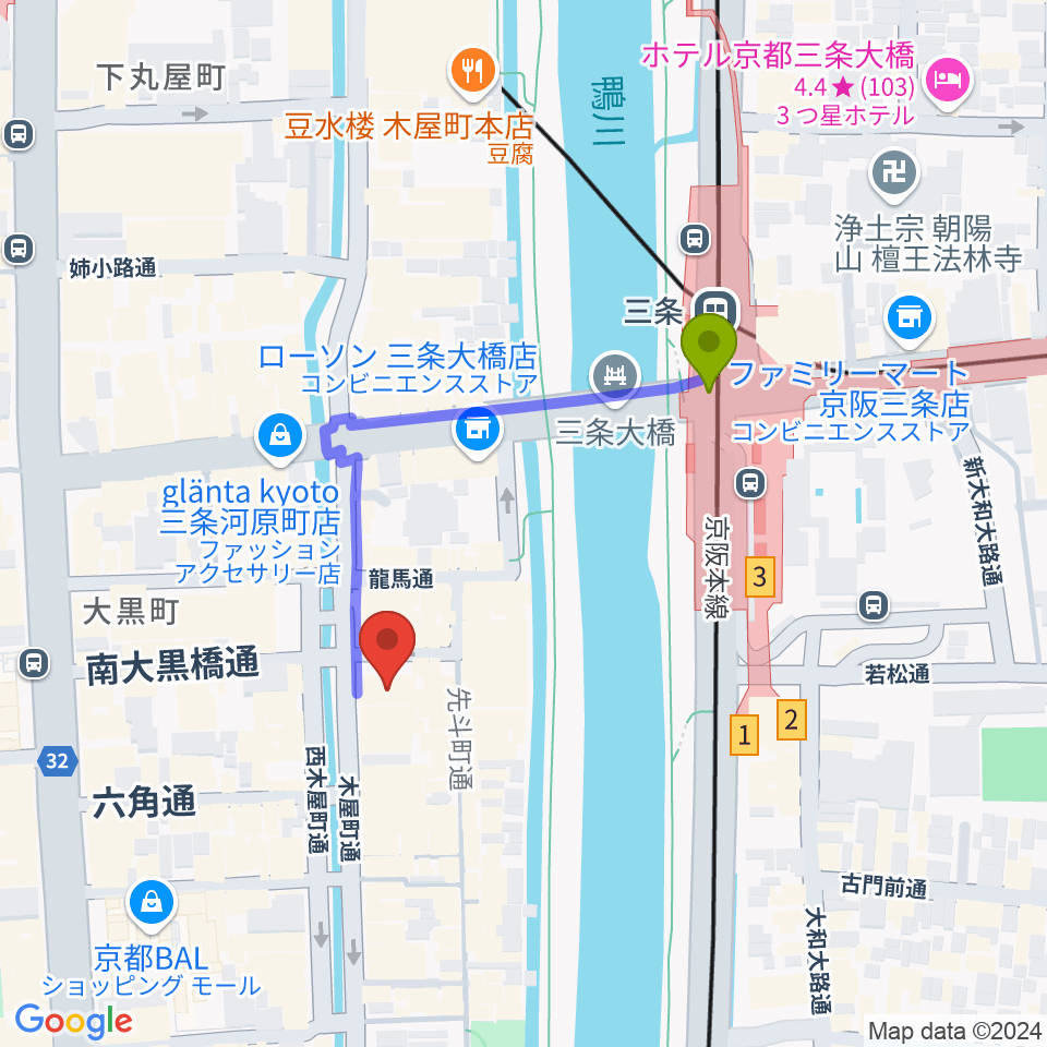 キツネ京都の最寄駅三条駅からの徒歩ルート（約3分）地図