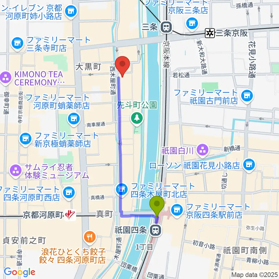 祇園四条駅からキツネ京都へのルートマップ地図