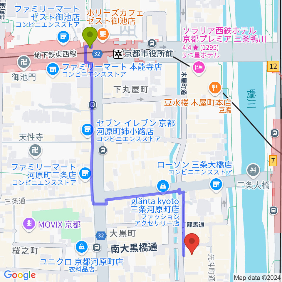 京都市役所前駅からキツネ京都へのルートマップ地図