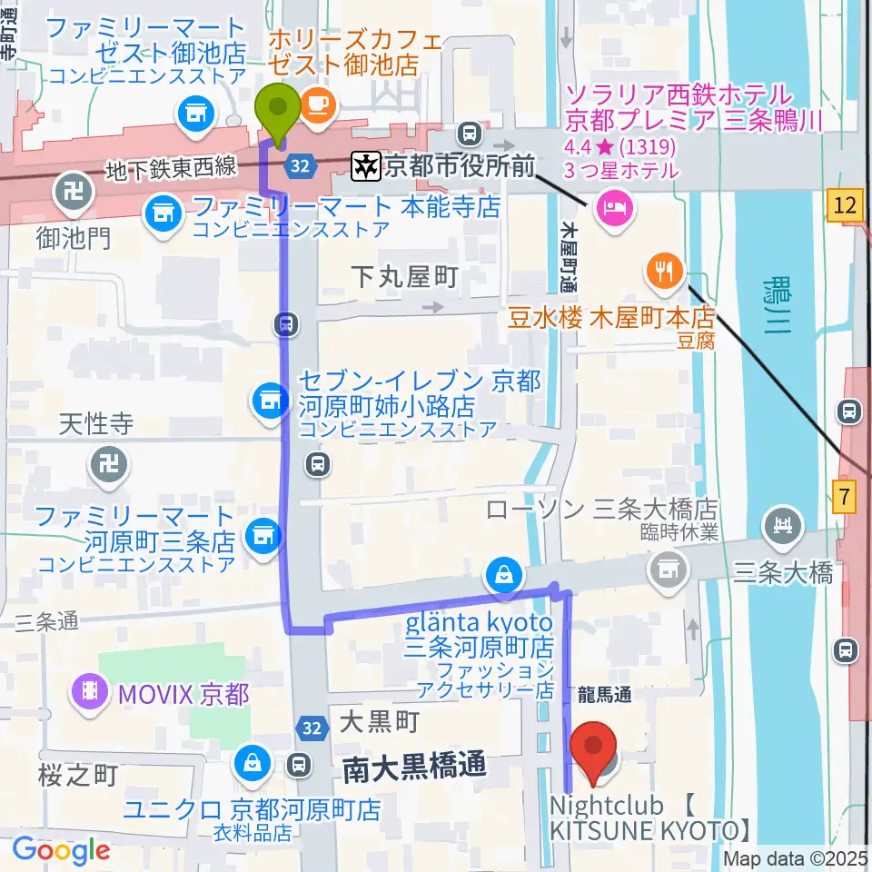 京都市役所前駅からキツネ京都へのルートマップ地図