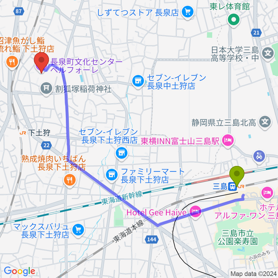 三島駅から長泉町文化センター ベルフォーレへのルートマップ地図