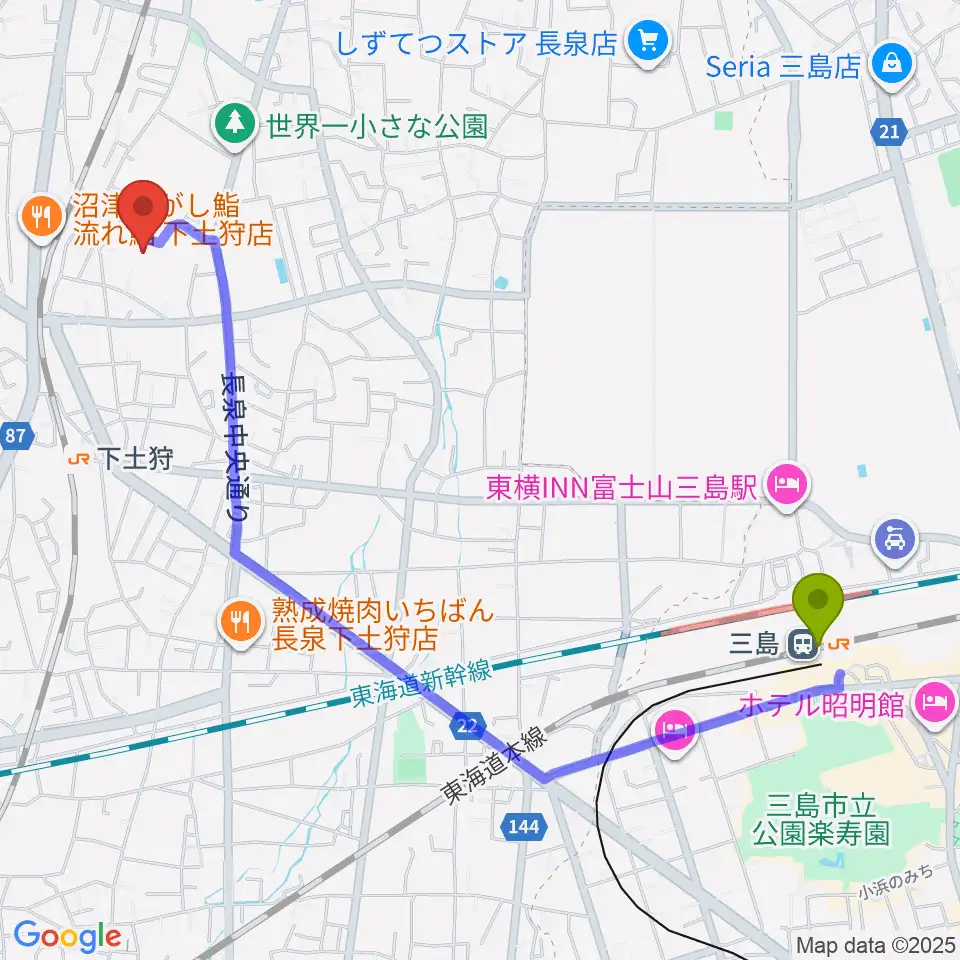 三島駅から長泉町文化センター ベルフォーレへのルートマップ地図