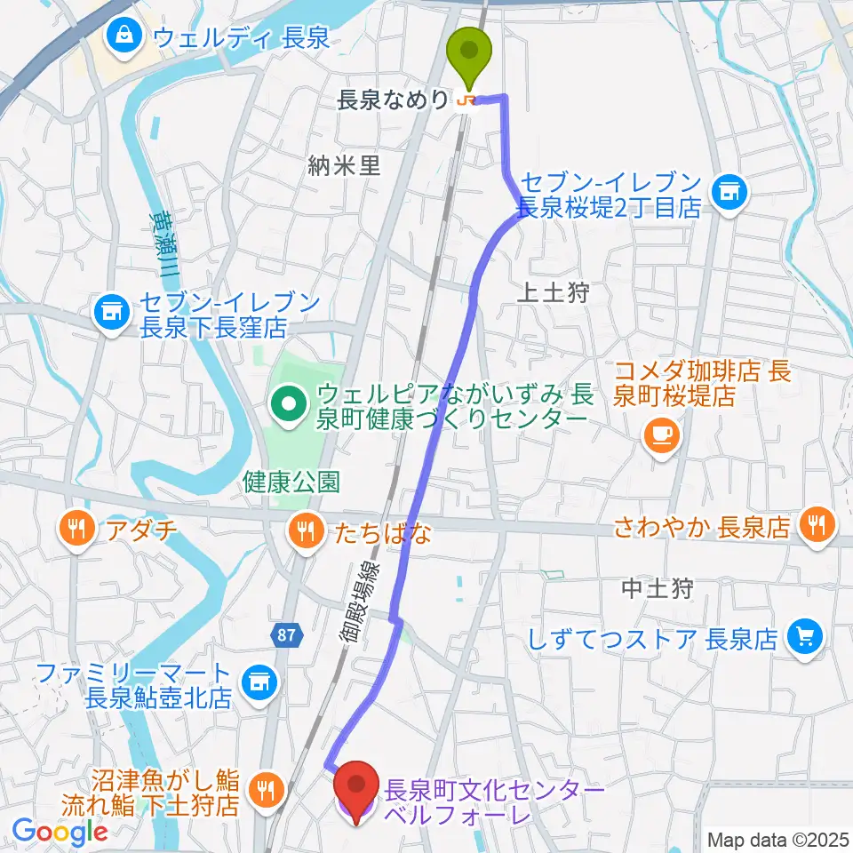 長泉なめり駅から長泉町文化センター ベルフォーレへのルートマップ地図