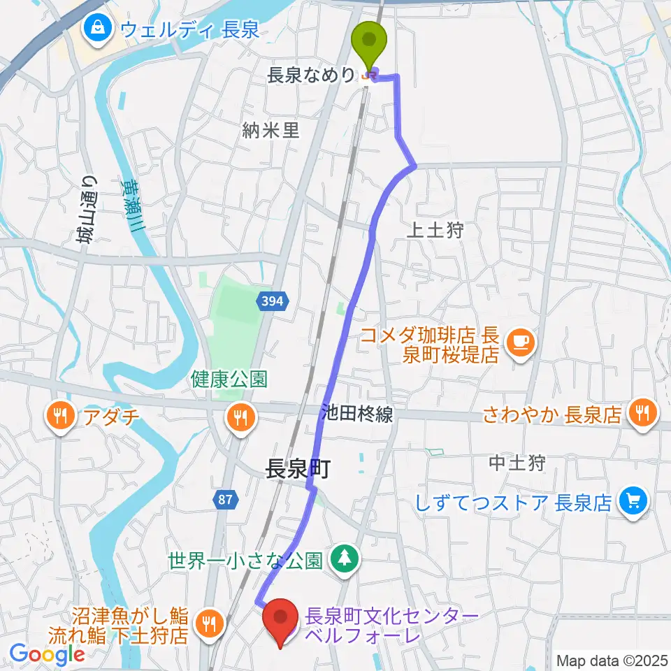 長泉なめり駅から長泉町文化センター ベルフォーレへのルートマップ地図