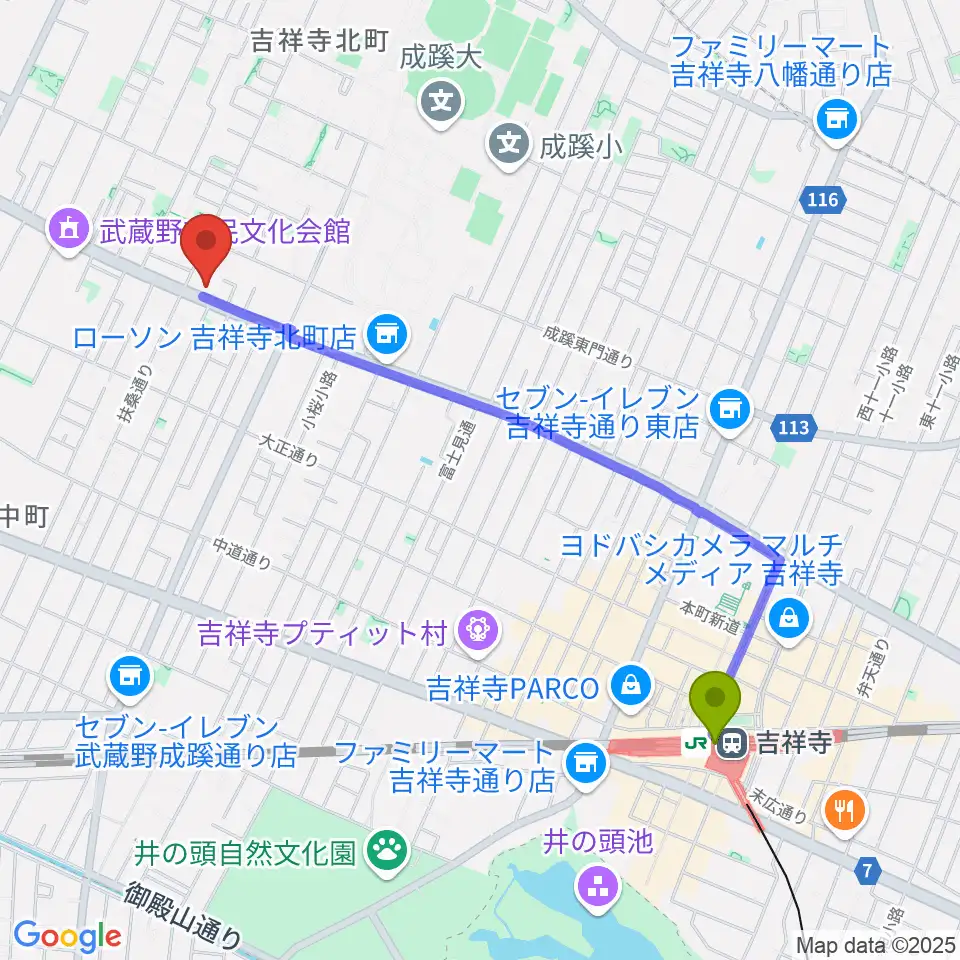 吉祥寺駅からネイロデザインへのルートマップ地図