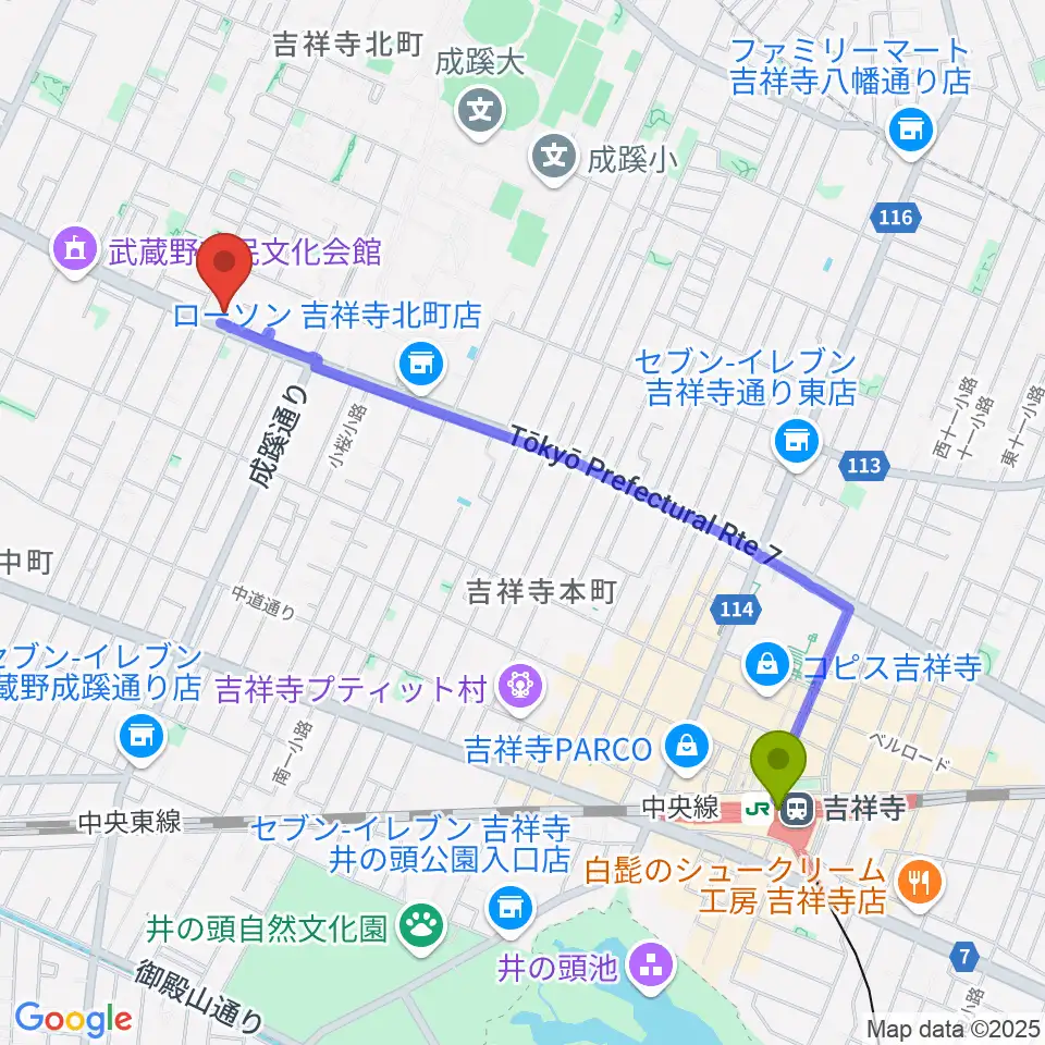 吉祥寺駅からネイロデザインへのルートマップ地図