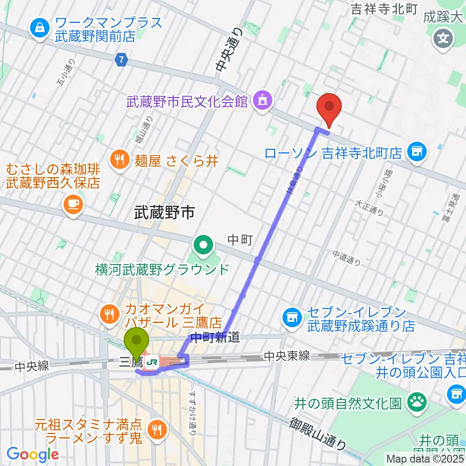 ネイロデザインの最寄駅三鷹駅からの徒歩ルート（約20分）地図