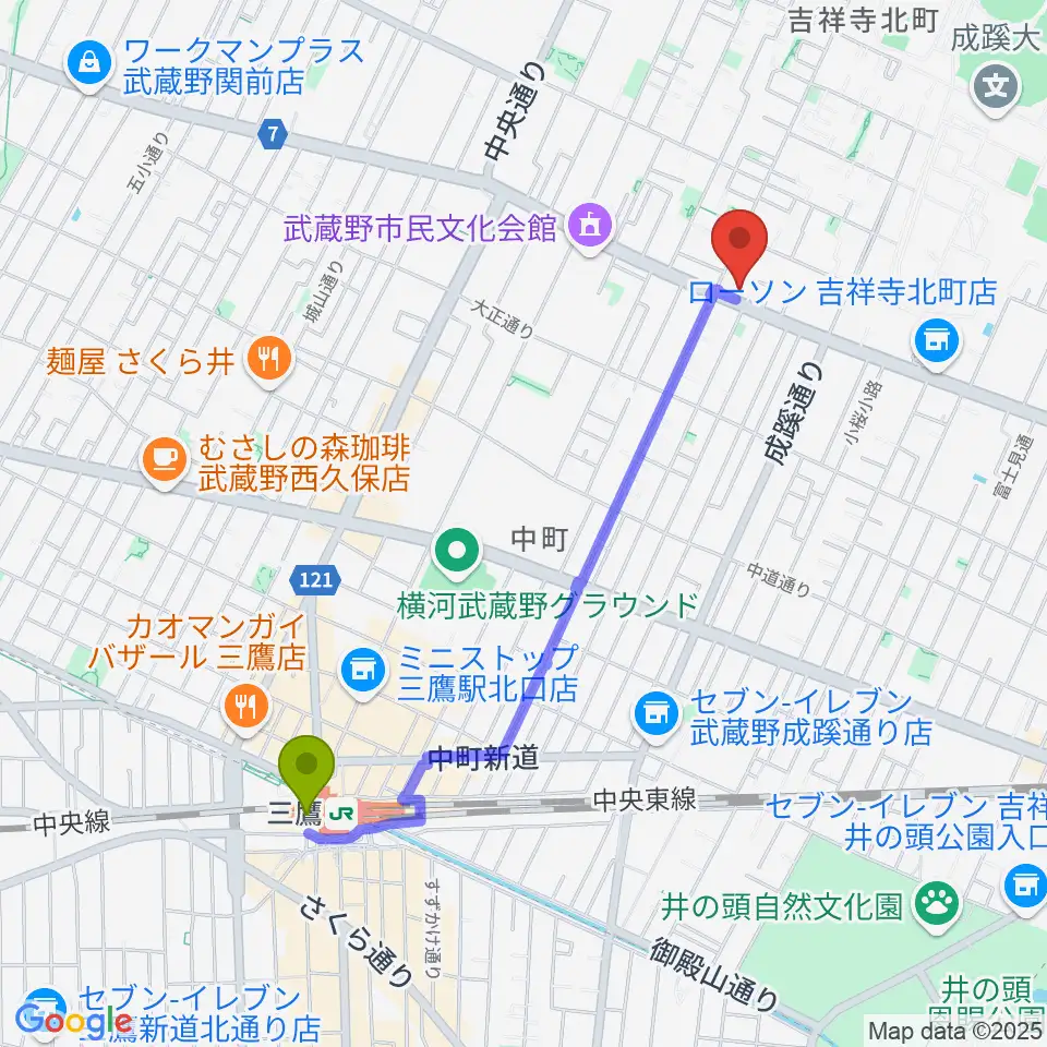 ネイロデザインの最寄駅三鷹駅からの徒歩ルート（約20分）地図
