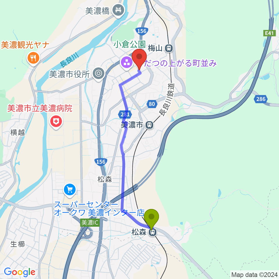 松森駅からWOODYBLUESへのルートマップ地図