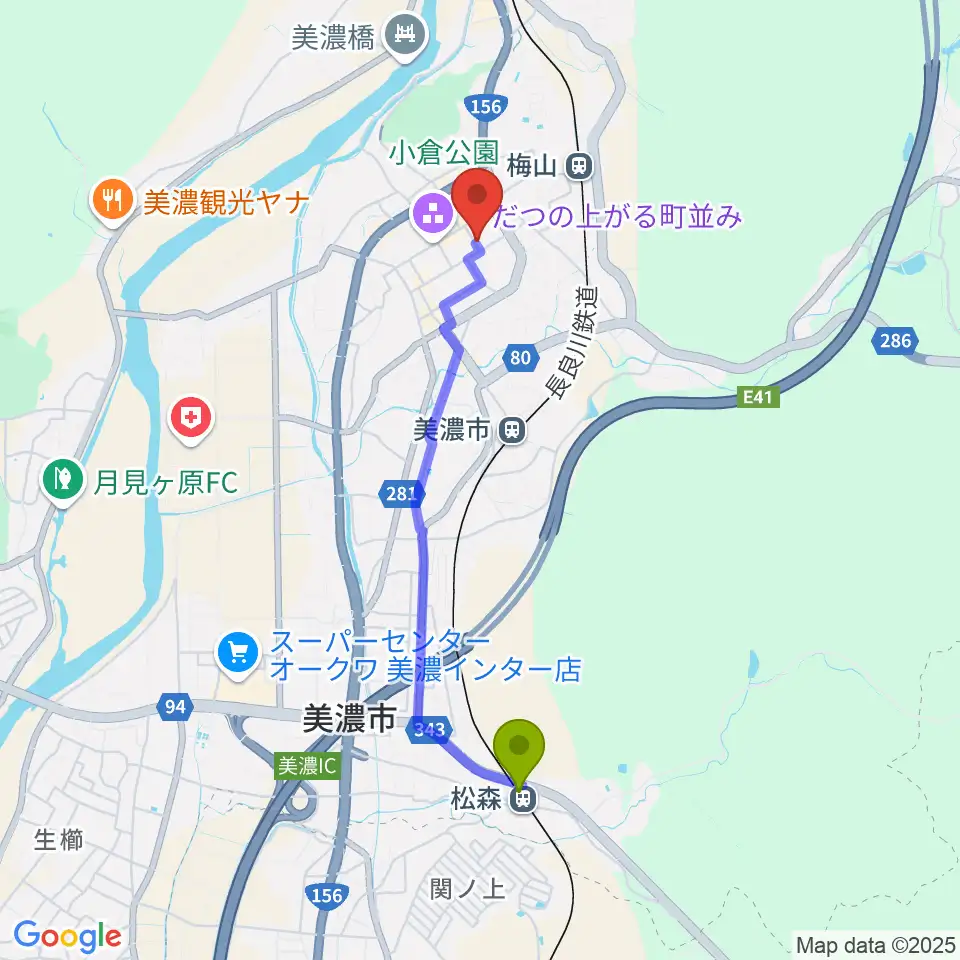 松森駅からWoodyBluesへのルートマップ地図