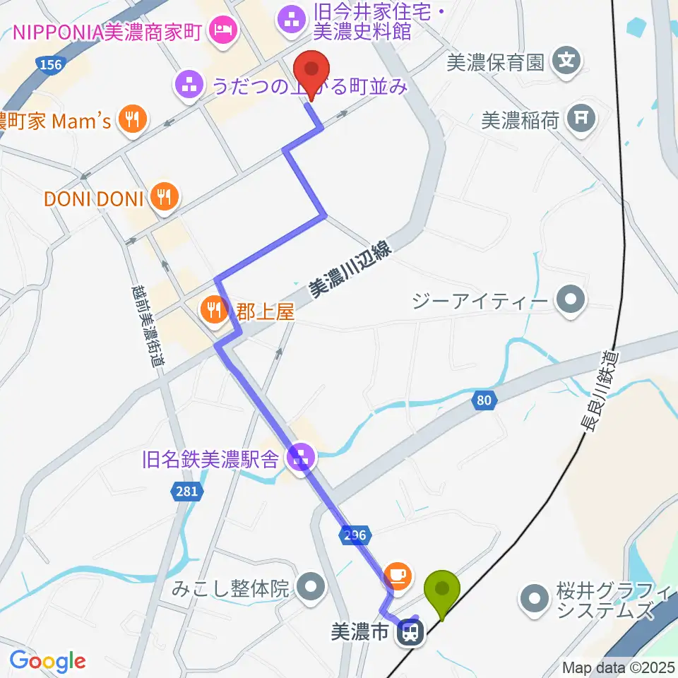 美濃市駅からWoodyBluesへのルートマップ地図